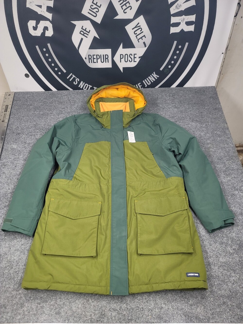 Lands End Squall Hooded Parka Coat Green Orange Waterproof Winter Jacket XL